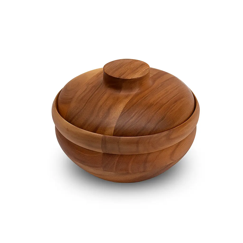 Wooden Hot Pot with Lid – Acacia Wood Roti Box, Snack Serving Bowl & Casserole | MS Creation Craft