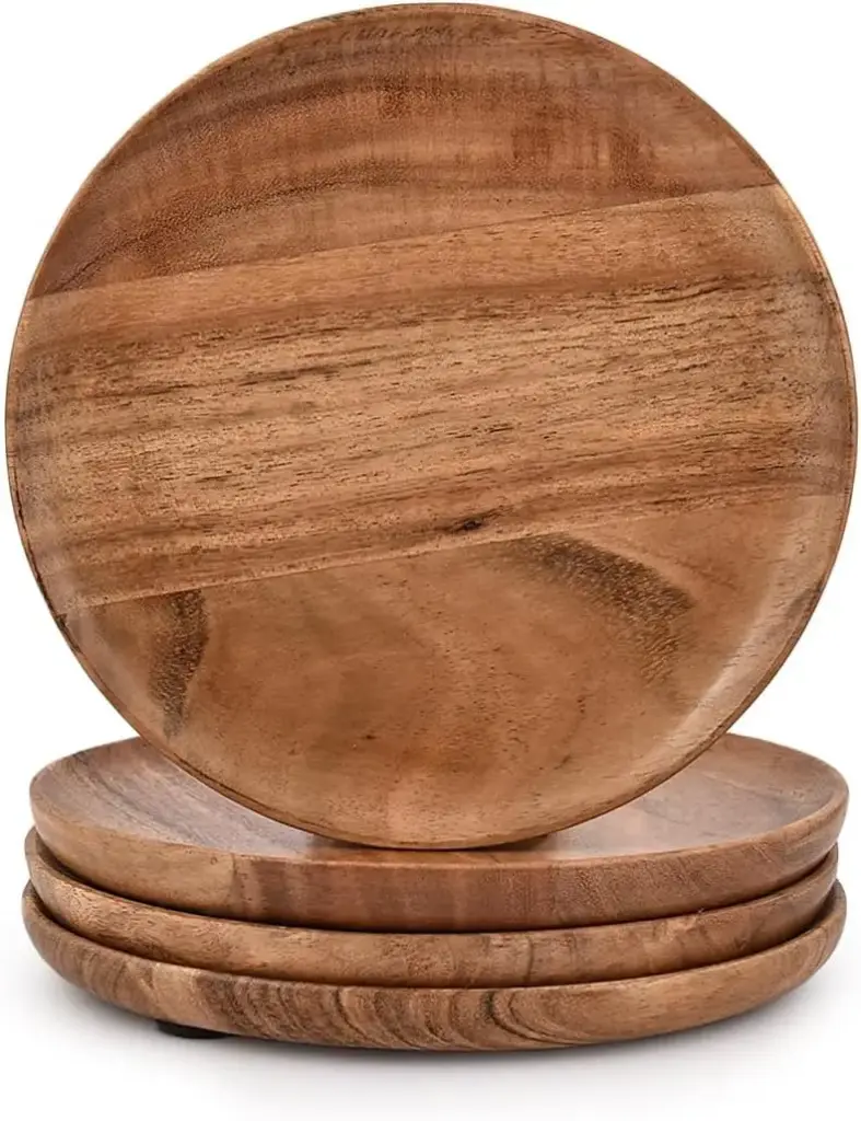 Acacia Wood Serving Plate – 10 Inch Natural Polish Wooden Round Platter for Serving