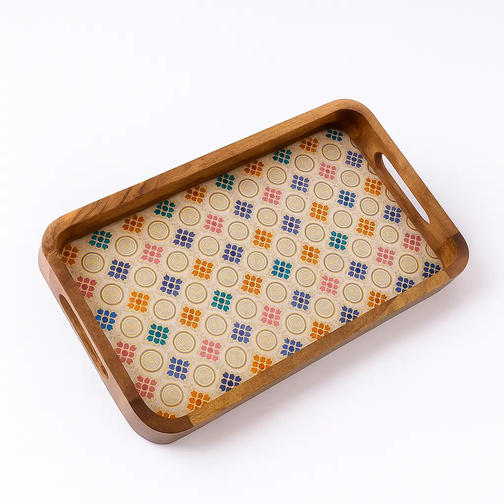 Acacia Wood Rectangular Serving Tray – 10x16 Inch Natural Polished Wooden Premium Serving Tray with Meena Print