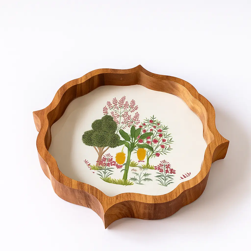 Premium Acacia Wood Serving Tray – 18x18 Inch Natural Polish Handmade Wooden Tray with Meena Print