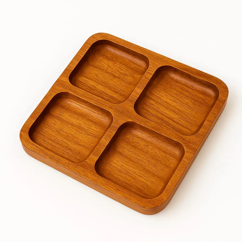 Premium Wooden Food Serving Platter with 4 Compartments | Wooden Platter for Snacks, Dry Fruits & Appetizers | Natural Finish (12x12 Inch)