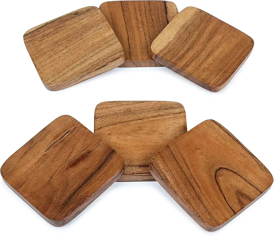 Acacia Wood Square Tea Coaster Set – Light Polish | Wooden Coasters for Dining Table (Set of 6, 4-Inch)