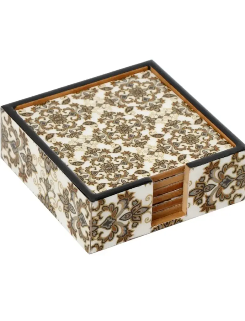 MDF Meena Print Tea Coaster Set with Holder – Designer 4-Inch Square Coasters (Set of 6)