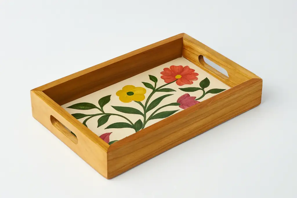 Pinewood Printed Serving Tray – Meena Art Base with Handles | Wooden Decorative Tray (10×14×2 Inch)