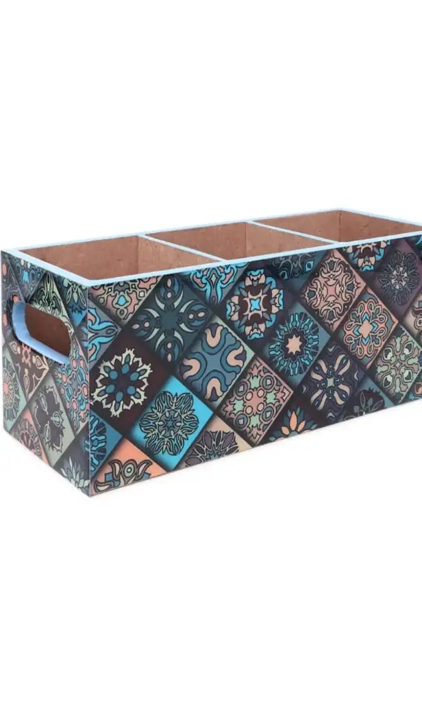 Premium MDF Rectangular Cutlery Holder – 3-Section Spoon Stand | Enamel/Meena Printed Utensils Holder for Kitchen & Dining Table