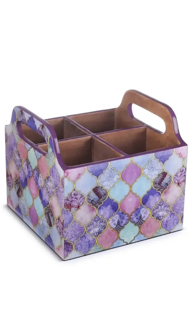 Premium MDF Wooden Cutlery Stand with Handle – 4-Section Enamel Printed Organizer for Dining Table & Kitchen