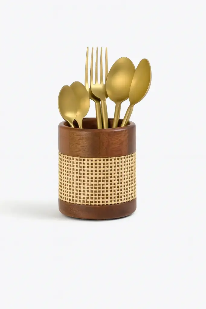 Premium Acacia Wood Cutlery Caddy – Spoon & Utensil Holder | Minimalist Wooden Cutlery Stand for Kitchen & Dining Table