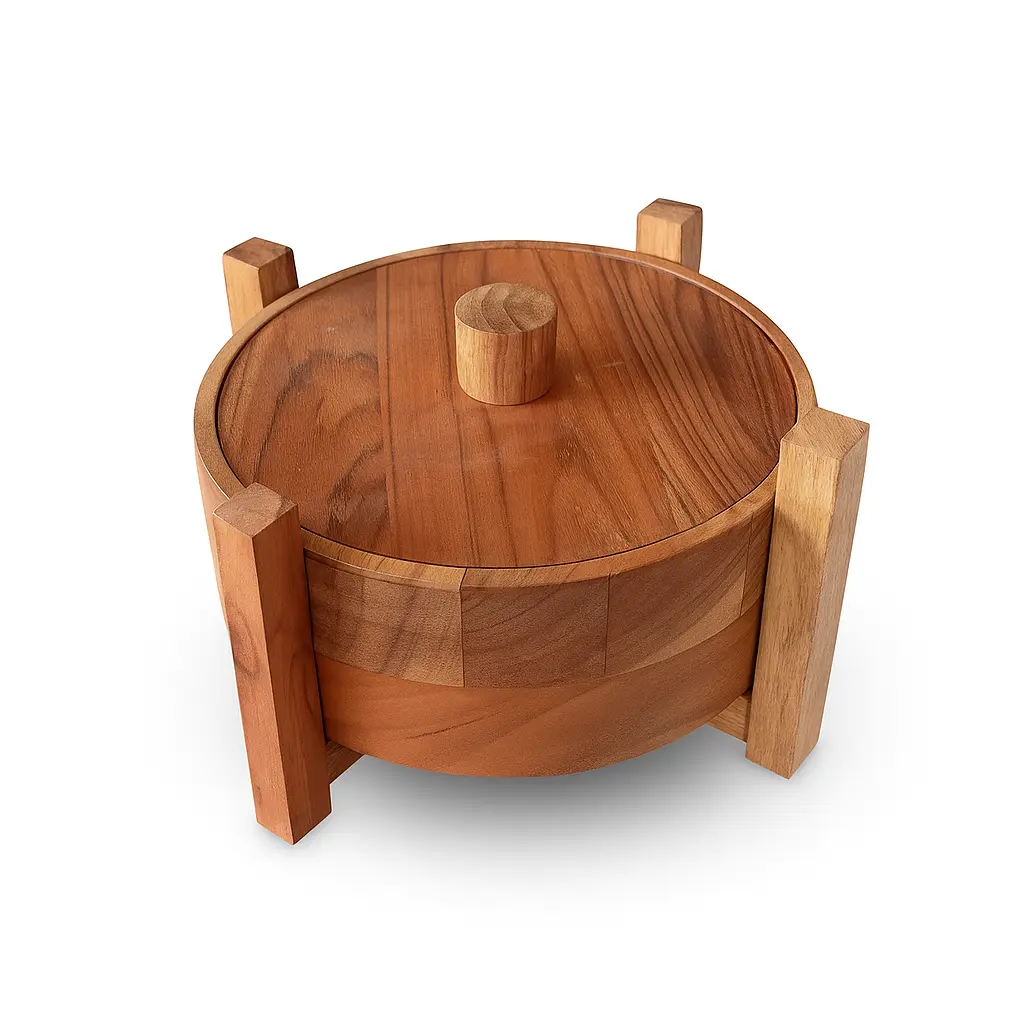 Acacia Wood 9 Inch Premium Storage Container | Round Wooden Box with Lid | Light Natural Finish Multipurpose Kitchen Organizer