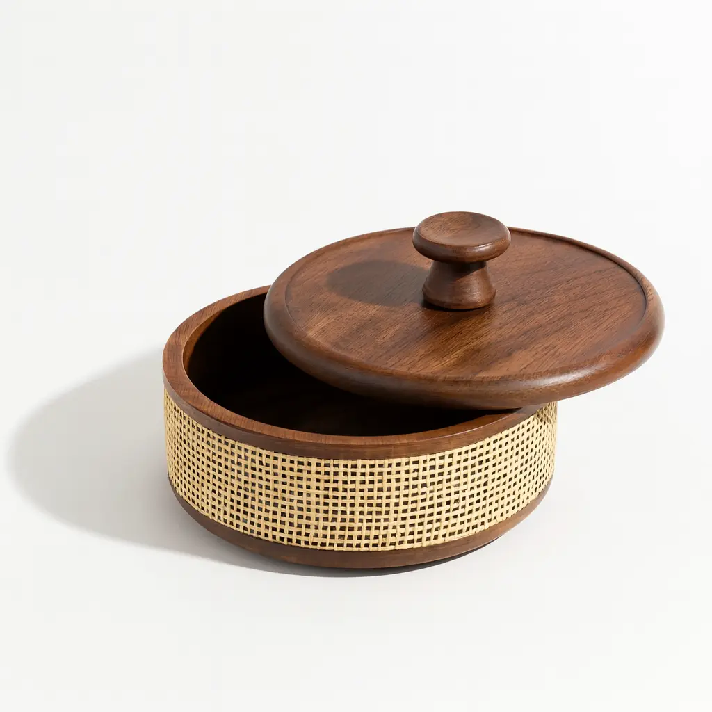 Premium Acacia Wood Roti Box with Cane Weave – Wooden Hotpot Chapati Box with Lid | Classic Roti Casserole