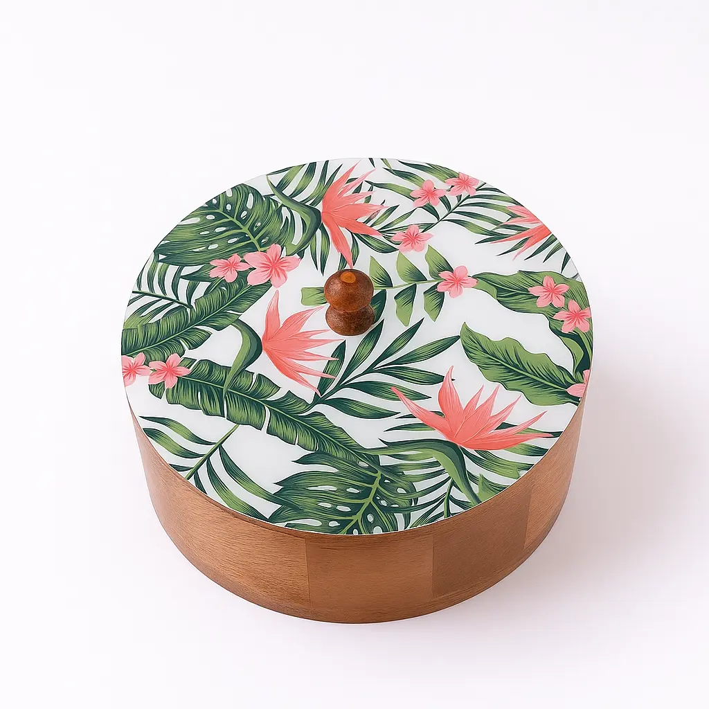 Wooden Roti Box for Kitchen – Premium Mango Wood Hotpot with Enamel Printed Floral Lid | Chapati Box / Wooden Casserole