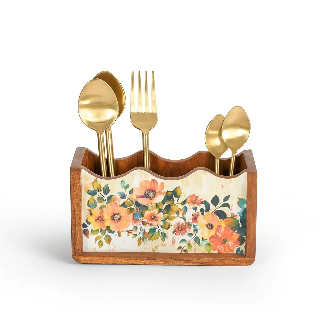 Wooden Pastel Flora Cutlery Holder Spoon stand for kitchen | cutlery holder for dining table | 3 section Caddy holder 