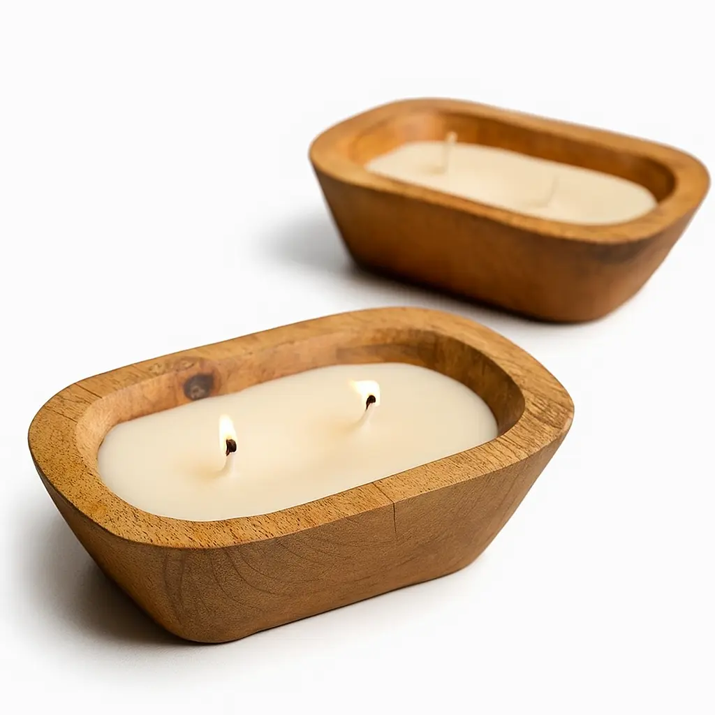 Handcrafted Mango Wood Scented Candle | 6*4*2 Inch Double Wick Candle in Matt Walnut Finish | Wooden Aromatherapy Decor