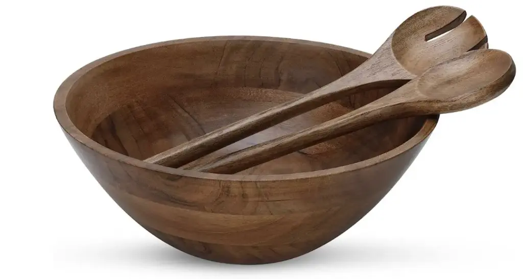 Mango Wood Salad Bowl 12 Inch – Large Wooden Serving Bowl with Spoons | Handcrafted Dark Matte Finish