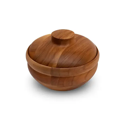 Wooden Hot Pot with Lid – Acacia Wood Roti Box, Snack Serving Bowl & Casserole | MS Creation Craft