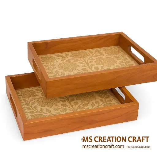 Wooden Serving Tray with Handles – 10x14 Inch Acacia Wood Tray with Meena Print Base | MS Creation Craft