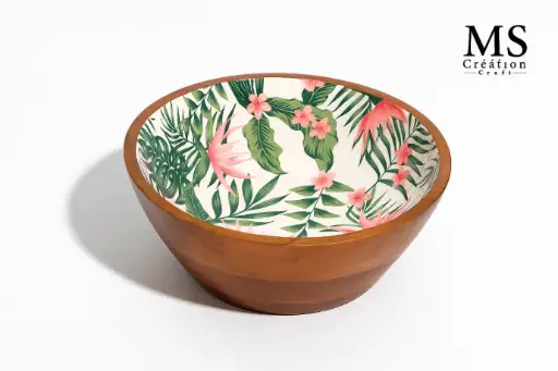 Handcrafted Mango Wood Bowl with Floral Meena Print – Decorative Serving & Salad Bowl | MS Creation Craft