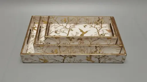 MDF Printed Tray Set – Decorative Wooden Tray Set with Meena Print (Set of 3)