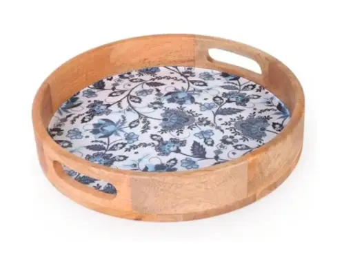 Mango Wood Printed Round Serving Tray – 12 Inch Natural Wooden Tray with Flower Print