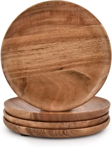 Acacia Wood Serving Plate – 10 Inch Natural Polish Wooden Round Platter for Serving