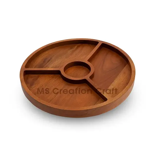 Premium Mango Wood 12 Inch Round Serving Platter | Wooden Tray with Light Walnut Finish | Multi Compartment Snack & Appetizer Tray