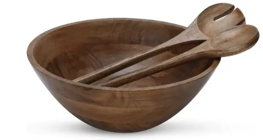 Mango Wood Salad Bowl 12 Inch – Large Wooden Serving Bowl with Spoons | Handcrafted Dark Matte Finish